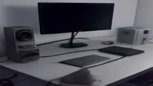 A modern workspace with dual monitors displaying performance dashboards, code editors, and system analytics graphs on a clean desk