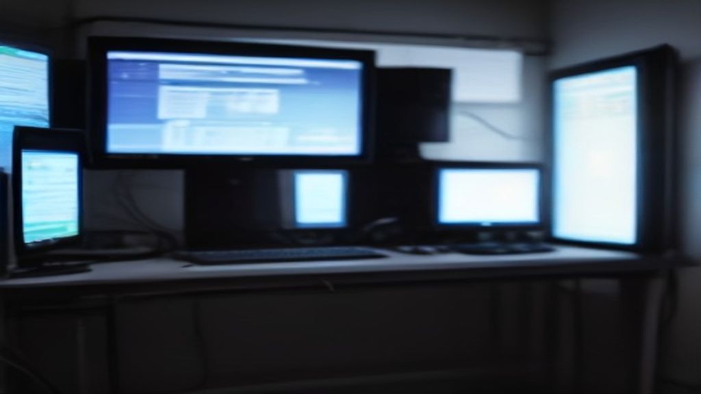 A modern workspace with multiple monitors displaying system performance dashboards and analytics graphs on a clean desk setup