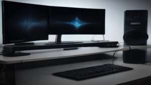 Clean modern developer workspace with dual monitors showing performance graphs, code editor, and server metrics dashboard on a minimalist desk with warm lighting