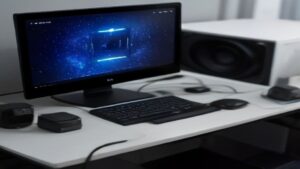 A sleek data center with glowing server racks and ascending performance graphs