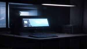 A sleek, futuristic dashboard displaying performance metrics, code graphs, and glowing data streams on a large monitor