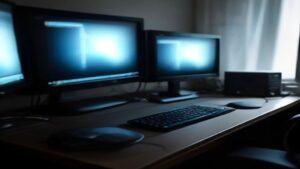 Modern server rack with glowing performance metrics displayed on holographic screens, clean minimalist tech environment