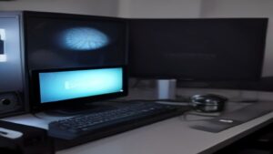Modern server room with glowing data streams, optimization charts on monitors, and engineers analyzing performance metrics