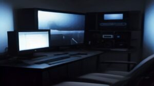 Modern tech workspace with dual monitors displaying performance graphs, server metrics and optimization analytics