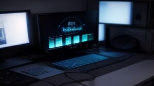 A sleek modern data center with glowing server racks and holographic performance metrics displayed in the air.