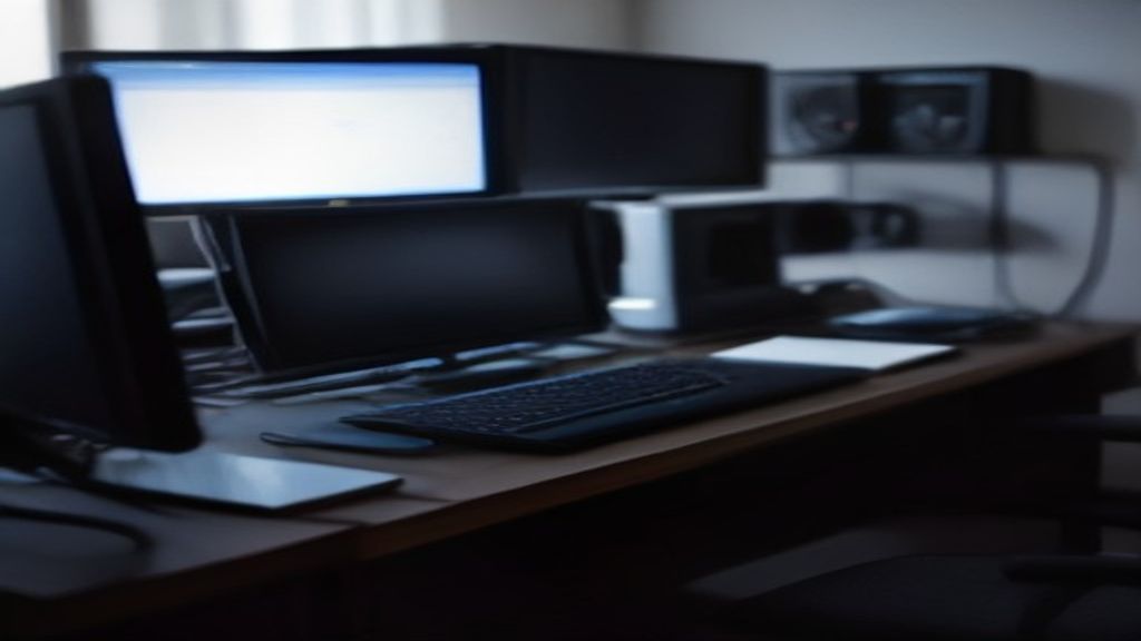 Sleek workstation with dual monitors displaying real-time code and performance graphs, minimalist desk, cool blue lighting.