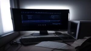 A sleek server room illuminated by blue LED lights, data racks in rows, and a floating digital performance chart.