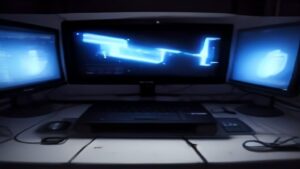Futuristic server room with glowing blue circuits and data flow lines, representing high-speed tech performance optimization