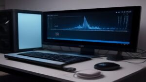 Modern data center with flowing light streams and speed graphs representing tech performance optimization