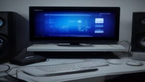 A sleek server rack with glowing blue lights and abstract data streams flowing across a dark background