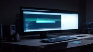 Abstract digital scene of glowing circuit pathways forming ascending benchmark graphs over a dark gradient background