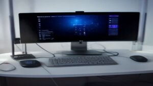 A futuristic dashboard showing real-time performance metrics with glowing charts and server icons