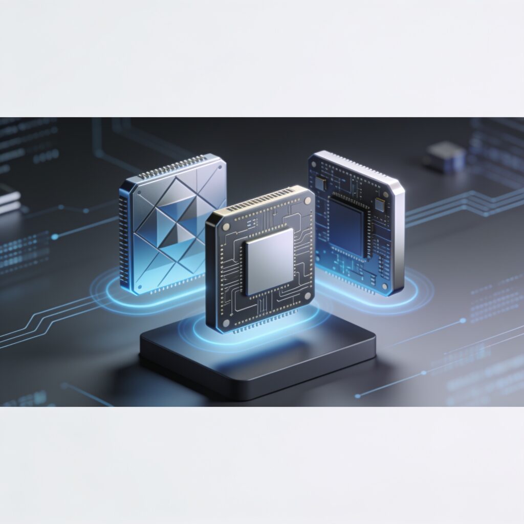 A futuristic microchip with glowing neural pathways set against a dark gradient background, symbolizing advanced edge AI processing