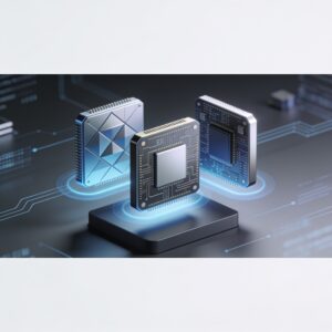 A futuristic microchip with glowing neural pathways set against a dark gradient background, symbolizing advanced edge AI processing