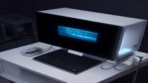 A sleek desk with a curved monitor showing colorful graphs, a keyboard, and a small plant