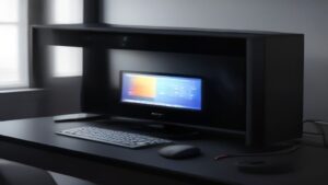 Sleek gaming PC setup with a glowing NPU chip on the motherboard, holographic AI performance graphs floating above a lit RGB keyboard and ultrawide monitor