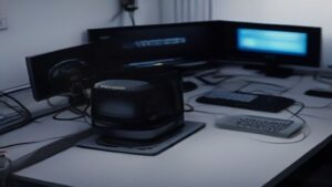 A sleek laptop display showing vibrant benchmark charts and comparison graphs, with faint network icons and a minimalist tech background