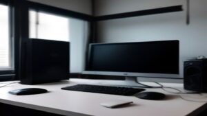 A home office setup featuring a sleek Wi‑Fi router, a laptop, and a tablet, with glowing signal bars illustrating strong connectivity.