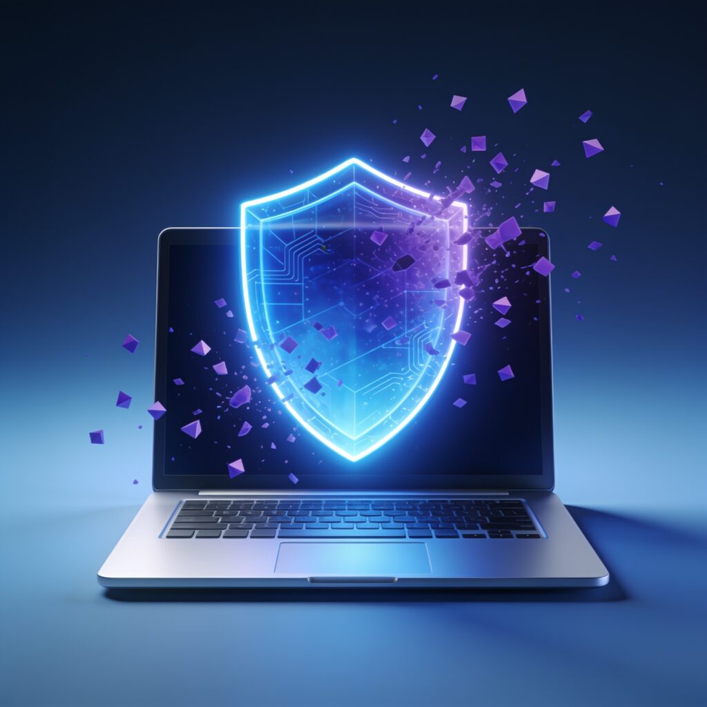 Futuristic digital dashboard displaying real-time AI threat analysis and protective algorithms against emerging cyber threats