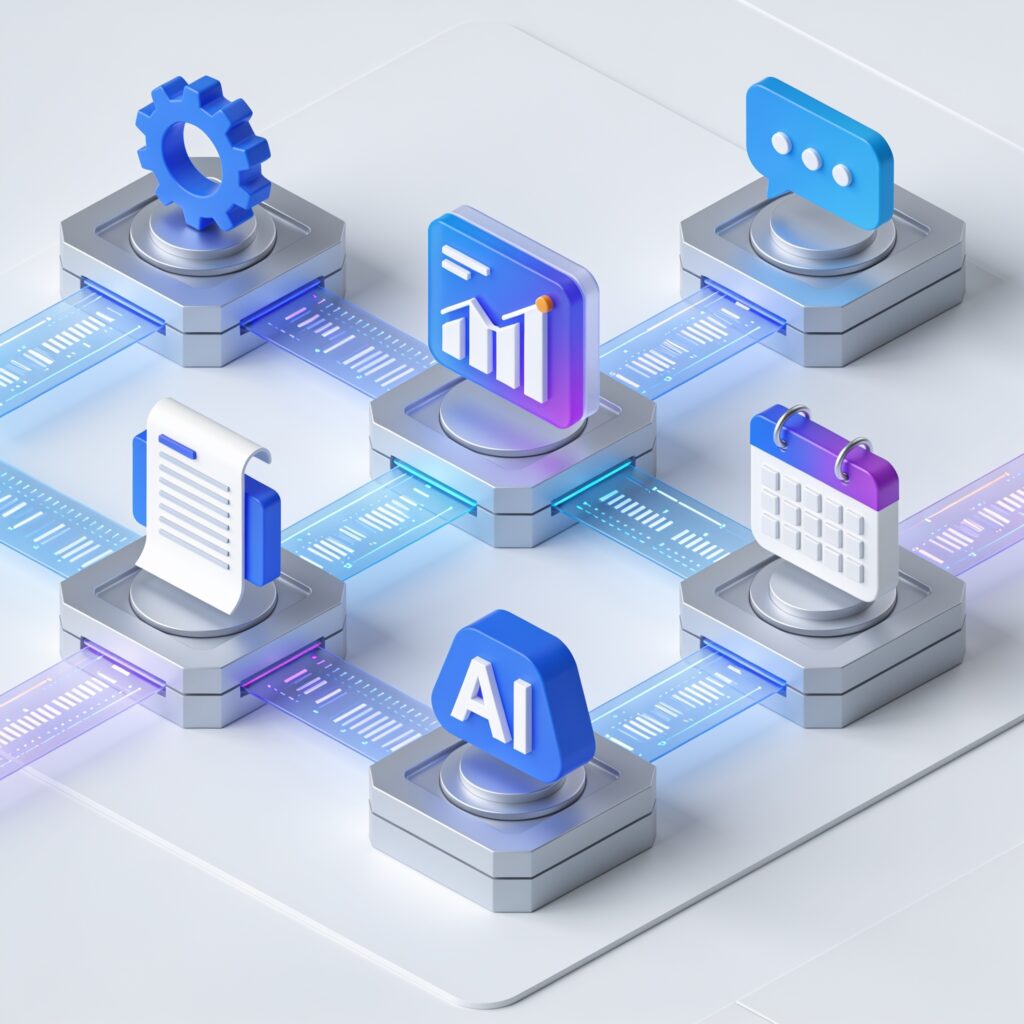 A sleek modern workspace with a laptop, notebook, and glowing AI icons on a clean desk