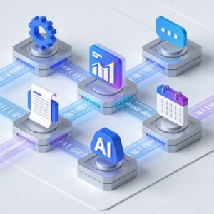 A sleek modern workspace with a laptop, notebook, and glowing AI icons on a clean desk