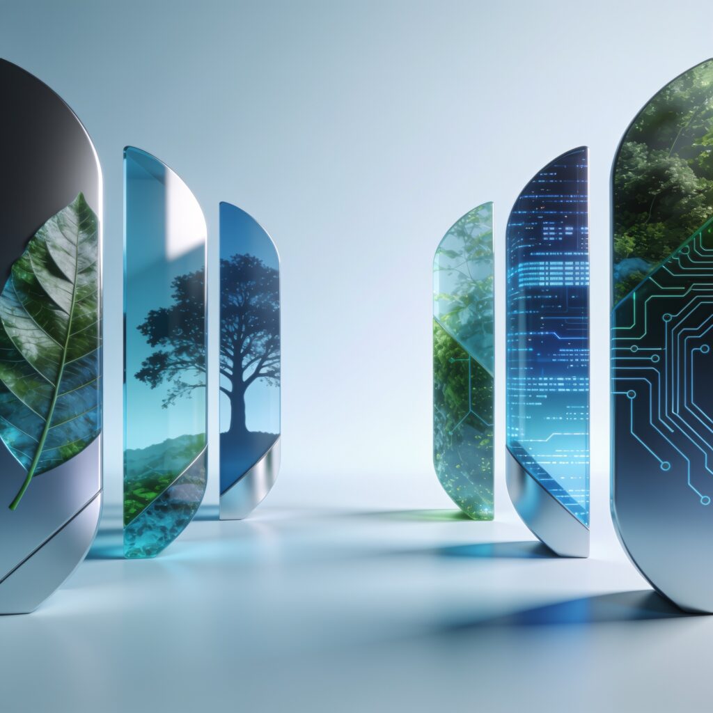 Sleek dashboard interface showing AI-driven sustainability metrics with green charts and futuristic design elements