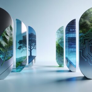 Sleek dashboard interface showing AI-driven sustainability metrics with green charts and futuristic design elements