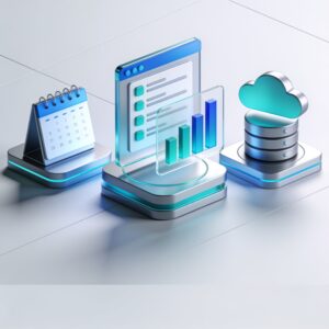 A clean workspace with a laptop displaying AI icons and productivity charts, bright and organized