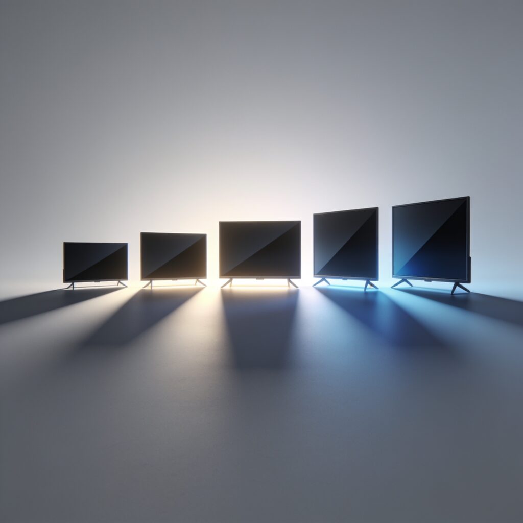 A row of five budget-friendly 4K televisions displayed side by side on a modern wall