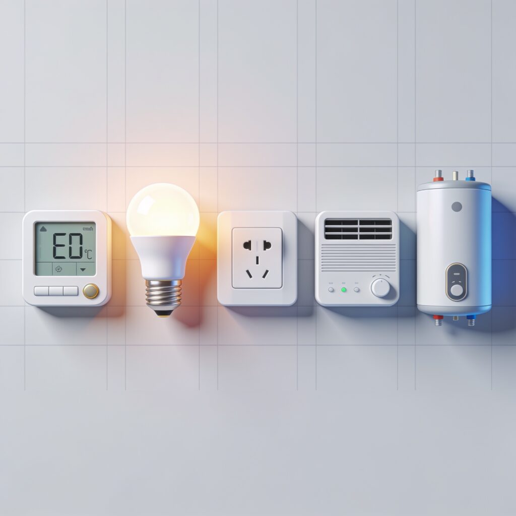 Minimalist living room with smart thermostat, energy-saving LED bulbs, smart plug, and digital energy monitor on wooden table.