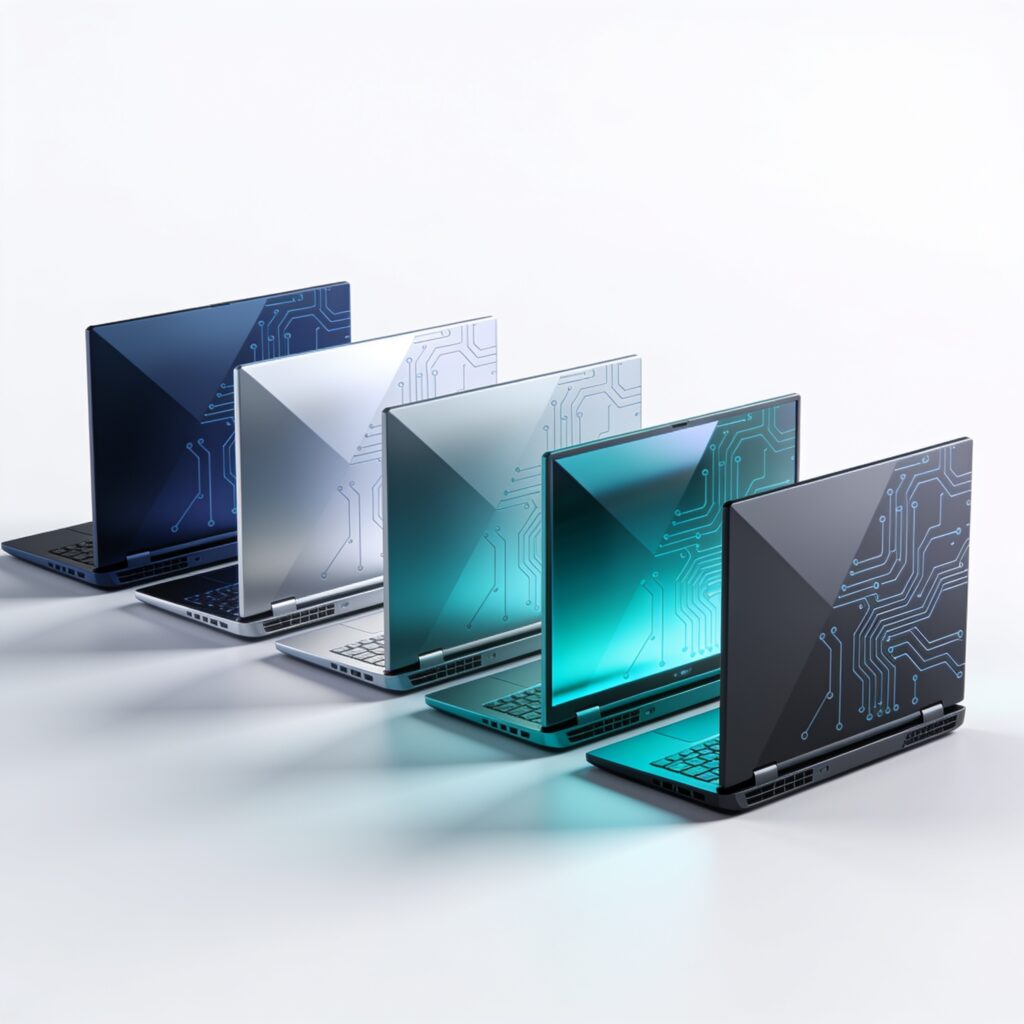 Five premium gaming laptops displayed on a sleek desk, each glowing with RGB accents, against a subtle futuristic cityscape