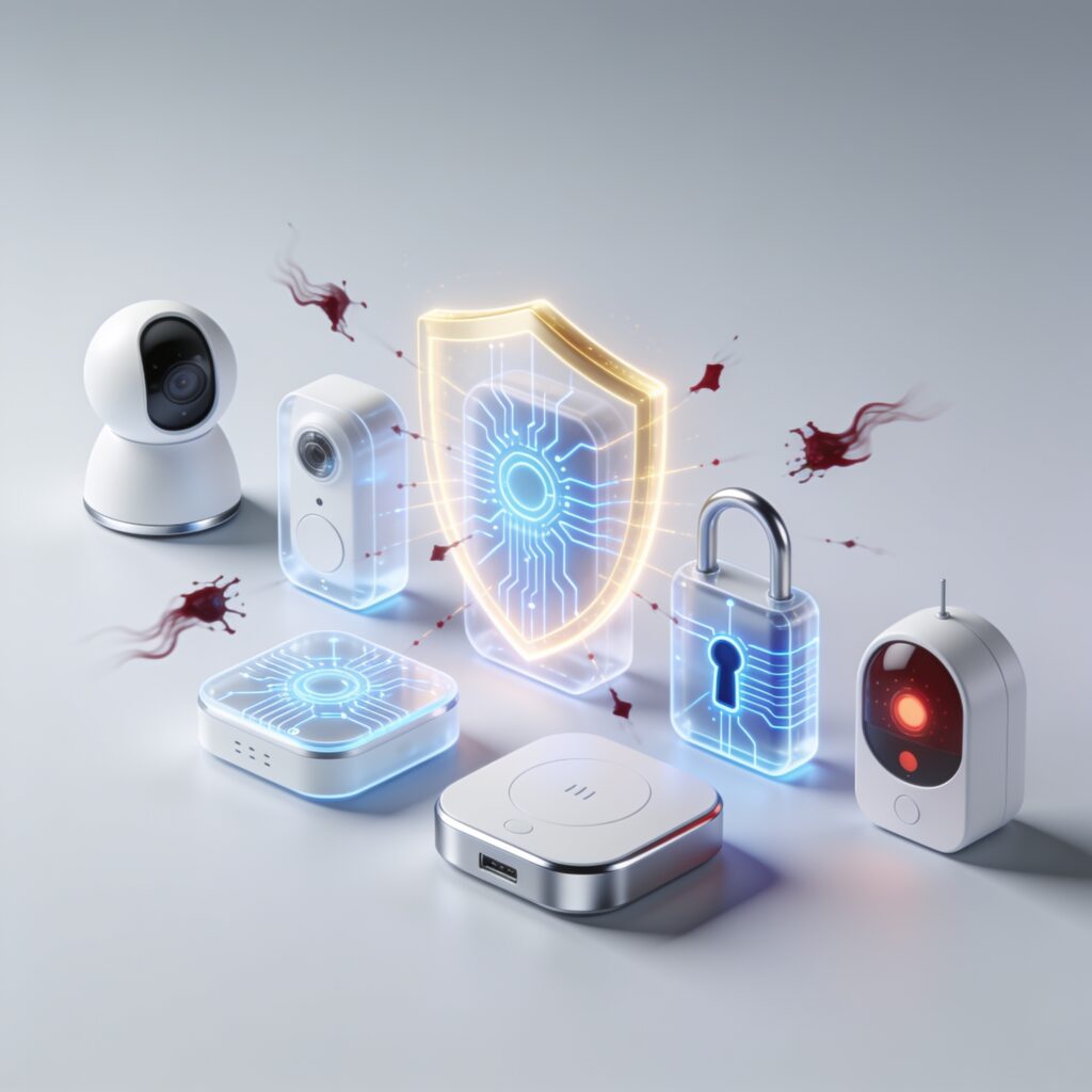 Modern living room equipped with smart security devices: cameras, motion sensors, and a central control hub on a wall