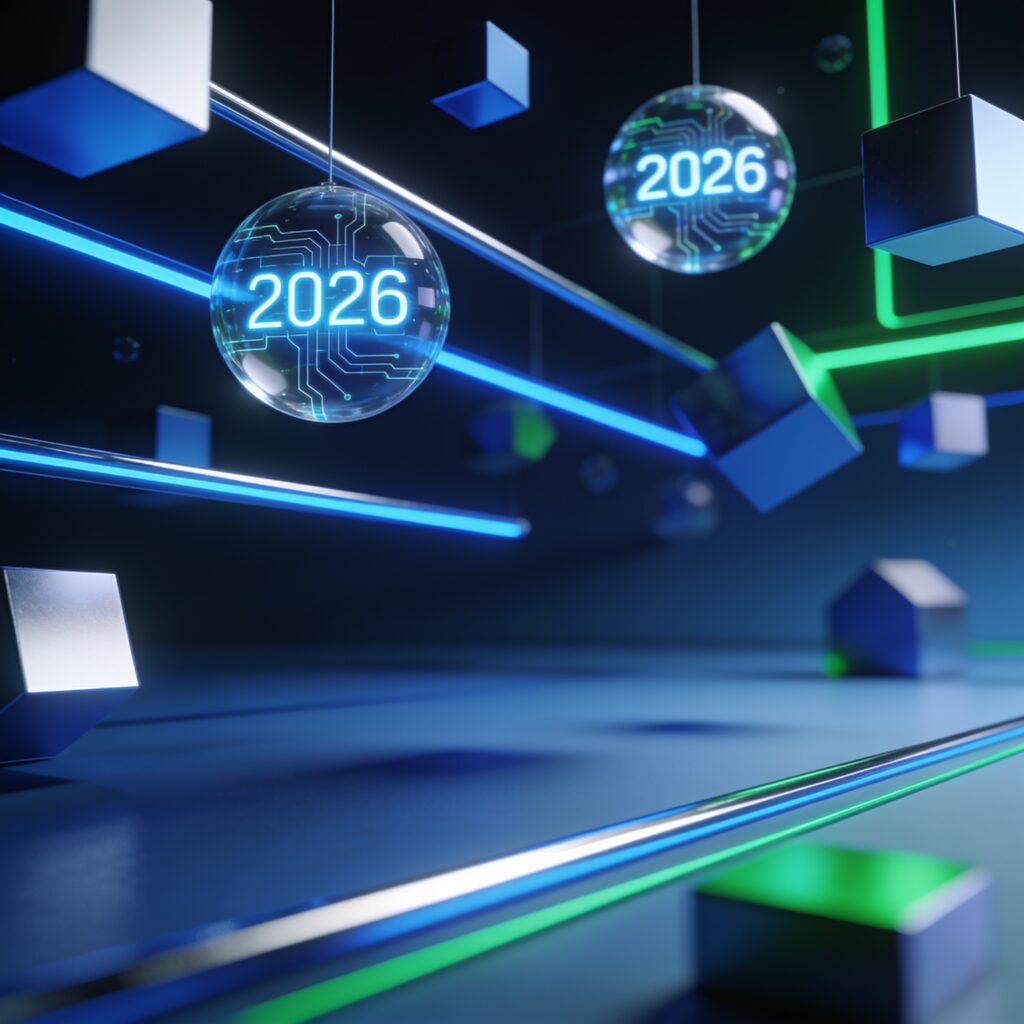 Futuristic workspace with holographic AI levitating devices and sustainable tech symbols illustrating 2026 innovations.