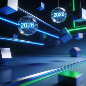 Futuristic workspace with holographic AI levitating devices and sustainable tech symbols illustrating 2026 innovations.