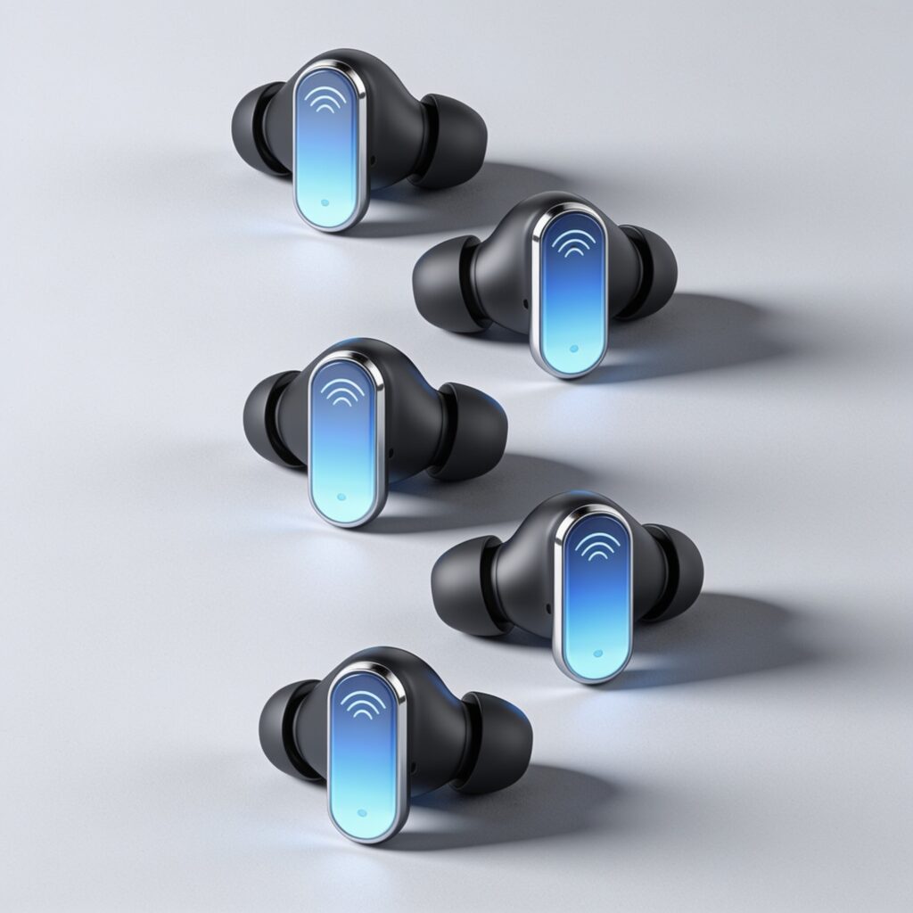Five premium wireless earbuds with charging cases arranged on a minimalist white background, showcasing sleek 2026 designs