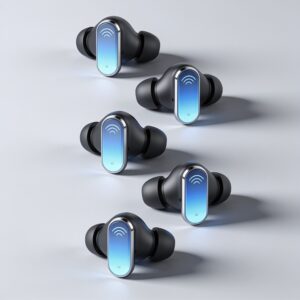 Five premium wireless earbuds with charging cases arranged on a minimalist white background, showcasing sleek 2026 designs