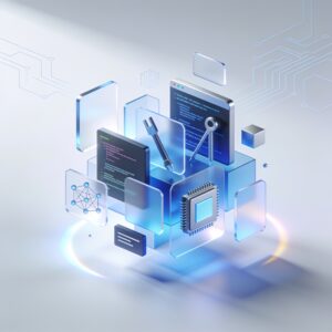 Developer typing while AI coding assistants generate holographic code in a sleek modern office with ambient blue lighting.
