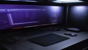 A modern minimalist workspace with a sleek laptop displaying benchmark charts and a coffee cup on a clean desk.