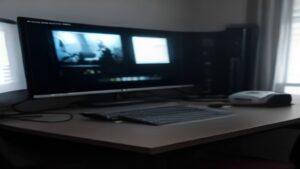 A modern desk with a laptop displaying performance graphs, a notebook, and a coffee mug under soft natural light