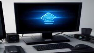 A sleek laptop on a minimalist desk with a glowing performance graph overlay, surrounded by futuristic cityscape