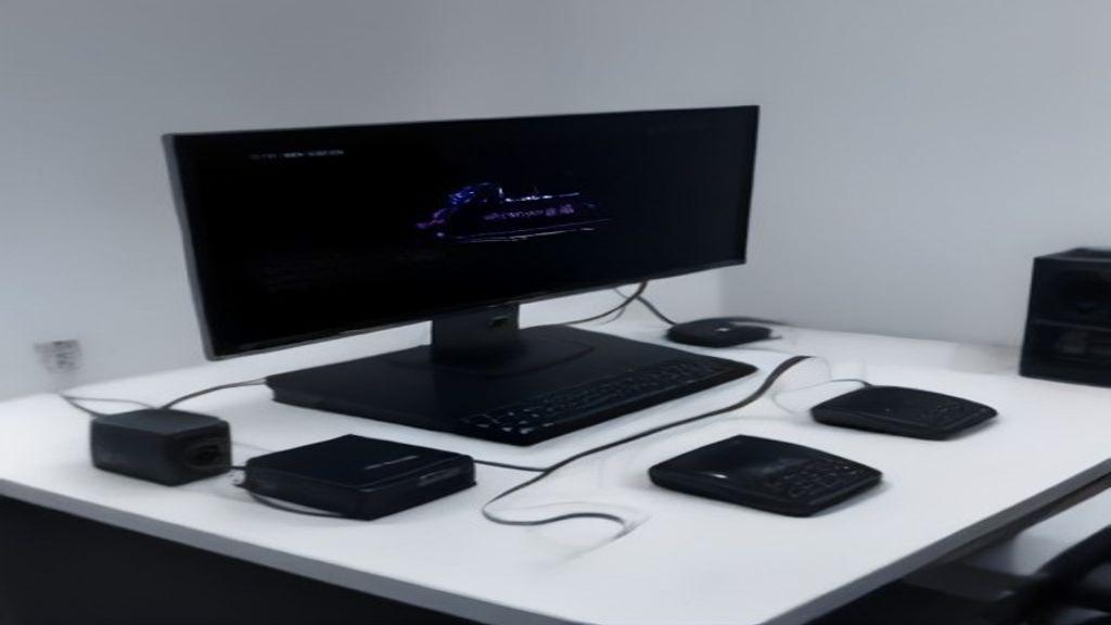 Technician assembling a high-performance gaming PC with VR headset and components on a sleek workbench under soft blue lighting