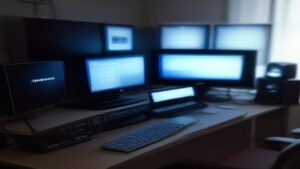 Clean modern PC build with a glowing graphics card and a VR headset resting beside a minimalist desk, soft blue ambient lighting, shallow depth of field