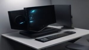 Modern gaming PC components arranged around a VR headset with glowing cyan accents and Half-Life themed lighting in a clean minimalist workspace