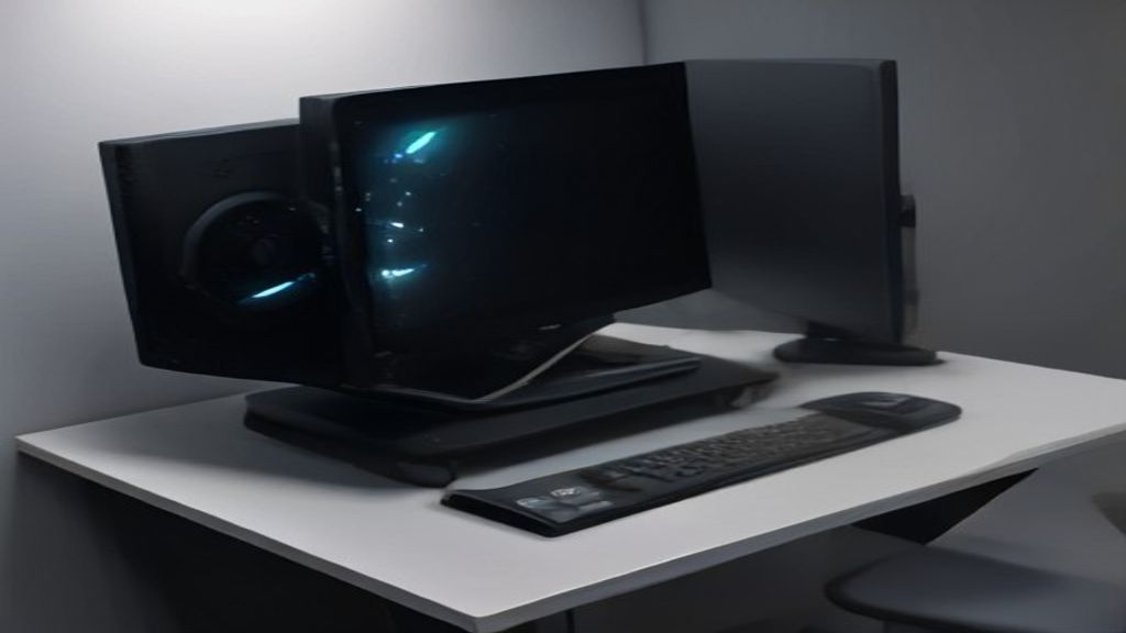 Modern gaming PC components arranged around a VR headset with glowing cyan accents and Half-Life themed lighting in a clean minimalist workspace