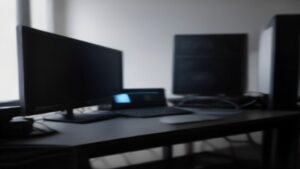Sleek handheld gaming PC resting on a dark desk, glowing screen, cooling vents visible, blue ambient light, performance overlay faintly suggested.