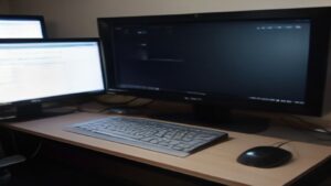 Sleek desk with curved monitor displaying colorful graphs, keyboard, mouse, and coffee cup under warm light