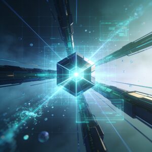 A sleek laptop displaying vibrant upscaled imagery on a dark gradient background with glowing neural network nodes