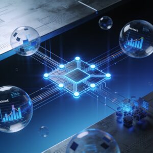 A futuristic server room with glowing blue lights, sleek racks and a holographic dashboard displaying performance metrics