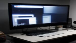 A sleek curved ultrawide monitor displaying a realistic racing cockpit view on a desk with steering wheel and pedals