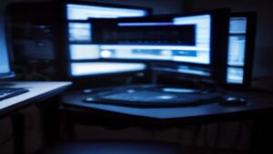 A modern laptop screen displaying code and AI model diagrams, surrounded by glowing data streams and futuristic hardware on a desk.